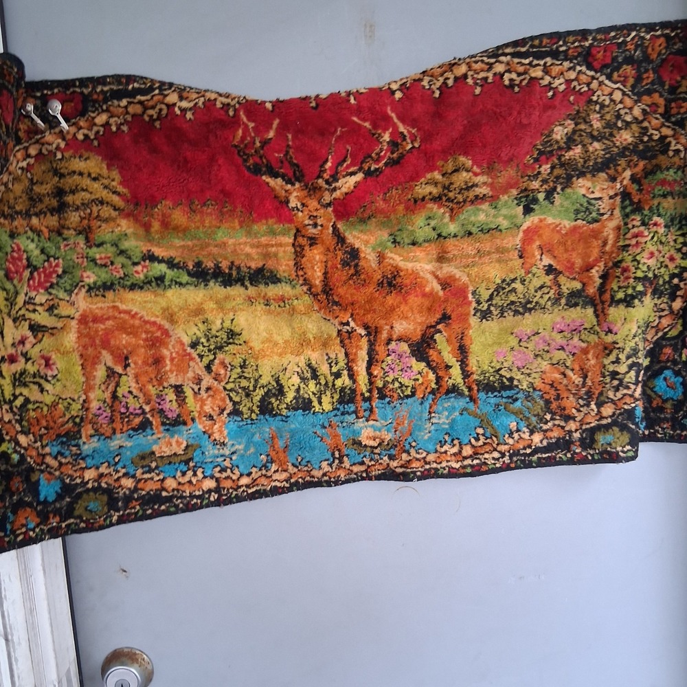 Vtg Soft Plush Deer Landscape Fringed Tapestry Wall Hanging Stag Nature Scene